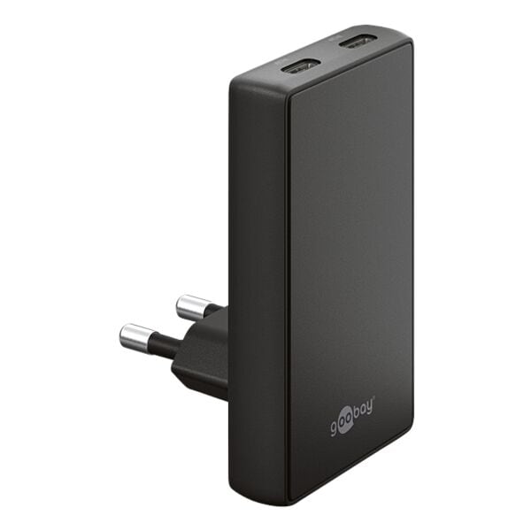 goobay Dual-Schnellladegerät GaN 2x USB-C PD 90° Flat 45 W schwarz schwarz, 4.76x8.32x5.17 cm