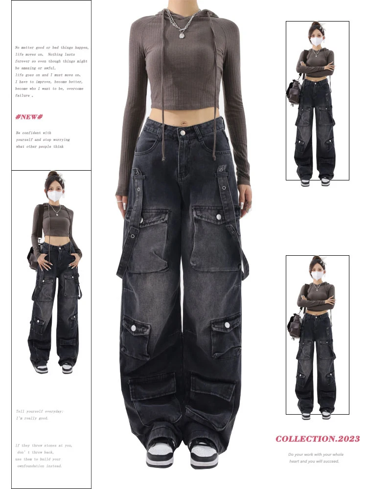 Jeans cargo gotici neri vintage da donna Y2k Pantaloni in denim a gamba larga Jeans oversize a vita alta anni 2000 Pantaloni larghi coreani Jeans anni '90