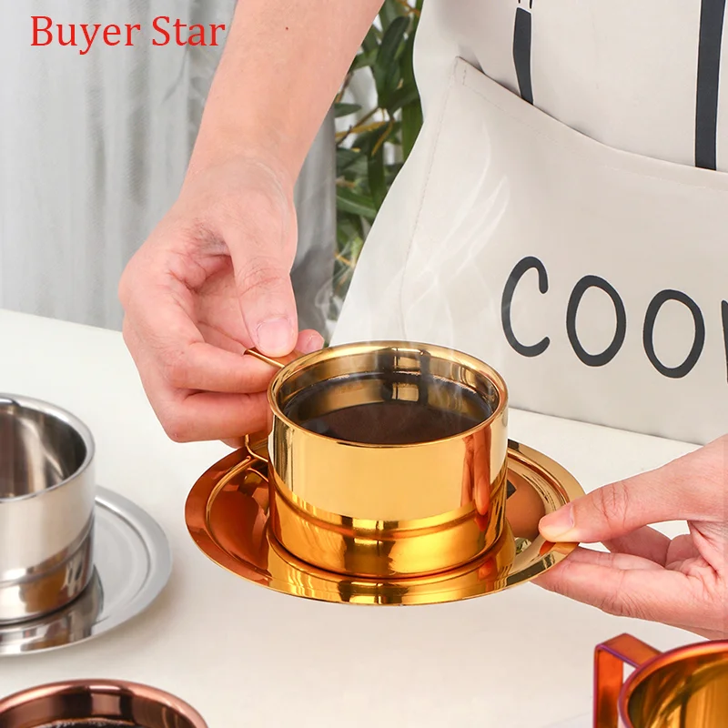 Piattini per tazza da caffè in oro da 200 ml Set tazza in acciaio inossidabile Tazza da tè con vassoio Tazze per acqua in metallo Tazze per latte Cafe Party Drinkware Utensili da cucina