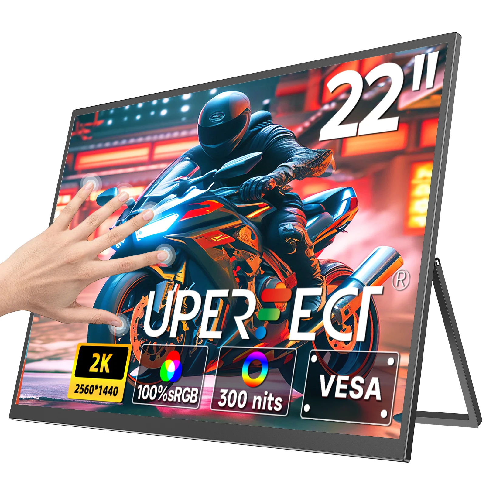 UPERFECT moniteur portable écran tactile 2K QLED, moniteur de jeu 22" avec VESA et support réglable à 180°, 2560×1440 QHD FreeSync HDR, 100% DCI-P3, deuxième moniteur de voyage USB-C HDMI pour