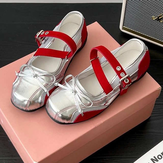 Fliegen Mary Jean Schuhe 2025, Patchwork-Leder, Ballett-Einzelschuhe für Damen, flache Absätze, Designer-Schuhe mit eckigen Zehen, flache Damenschuhe