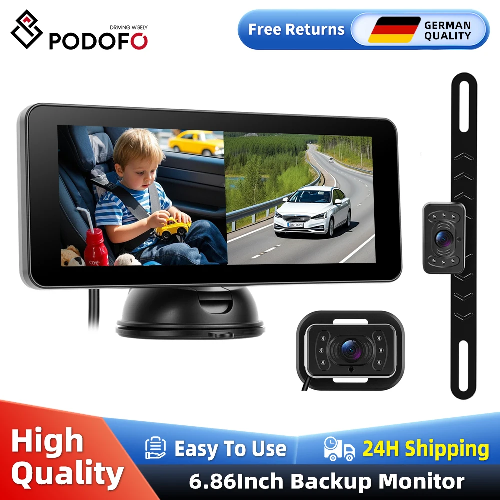 Podofo Car Baby Camera 6.8inch IPS Display With Night Vision for Baby Wide-Angle Lens And Waterproof Infrared Wired Reverse Came Image