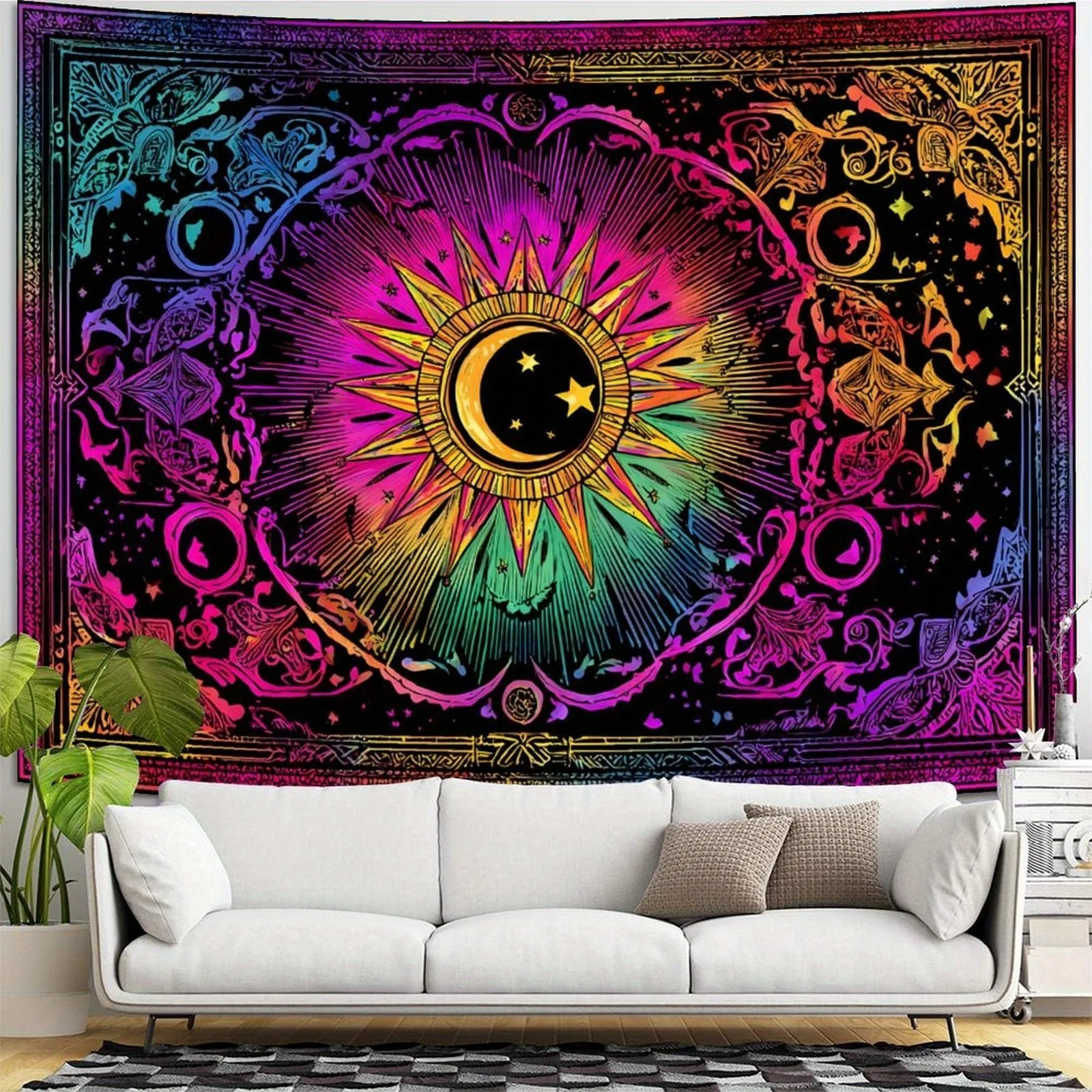 VIKAMA Bunter psychedelischer Sonnen-Mandala-Wandteppich, lebendiger, spiritueller Boho-Wandbehang für Schlafzimmer und Wohnzimmer, Wohnheim-Dekoration Image