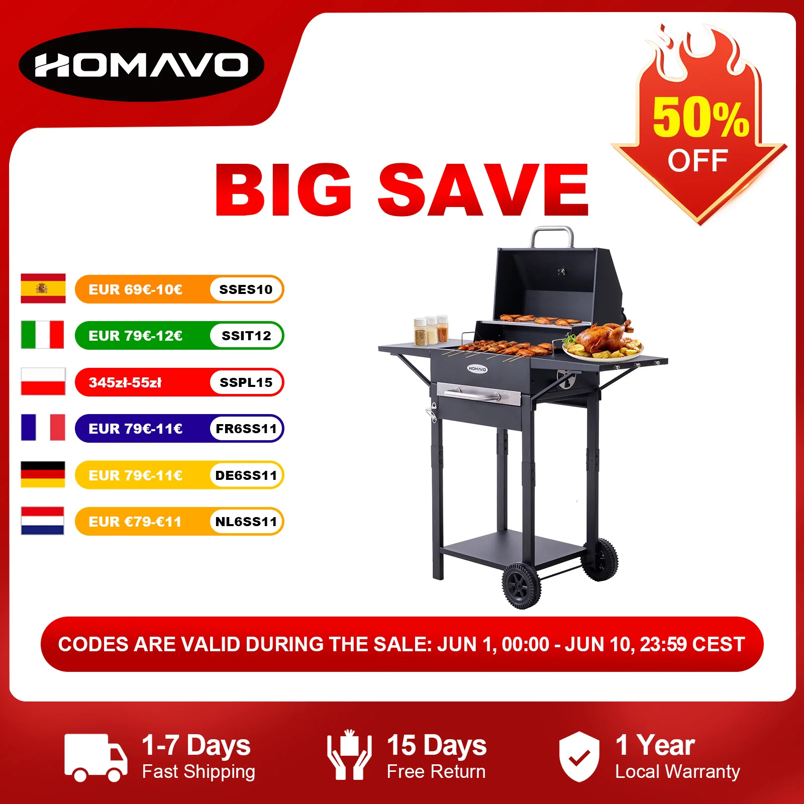 HOMAVO Holzkohlegrill mit emailliertem Grillrost, Warmhalterost, Thermometer & Kamin, Seitentisch und Rollen, Haken + Montageset