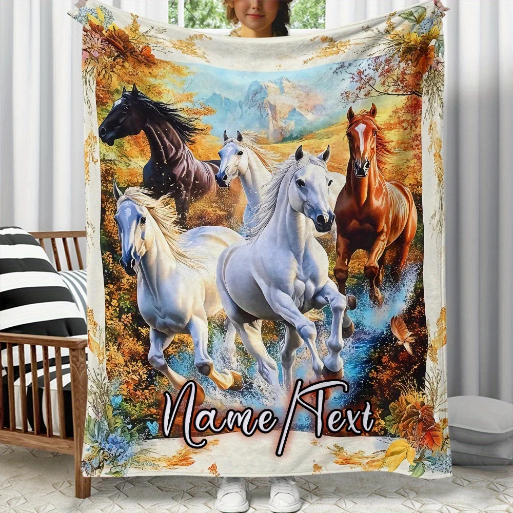 1 Stück Flanelldecke mit individuellem Namen, Vintage-Pferdeherd, leichte, weiche Bettwäsche mit Digitaldruck für Sofas, Betten, Reisen, Camping Image