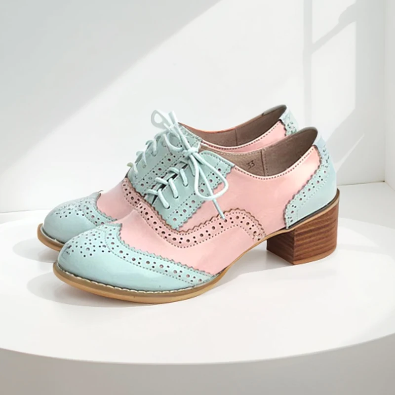 Oxford Pumpen Schuhe Frauen Vintage Kalbsleder Leder Patchwork 5cm Dame Dicke Heels Retro Vintage Runde Kappe Schuhe Für Frauen schuhe