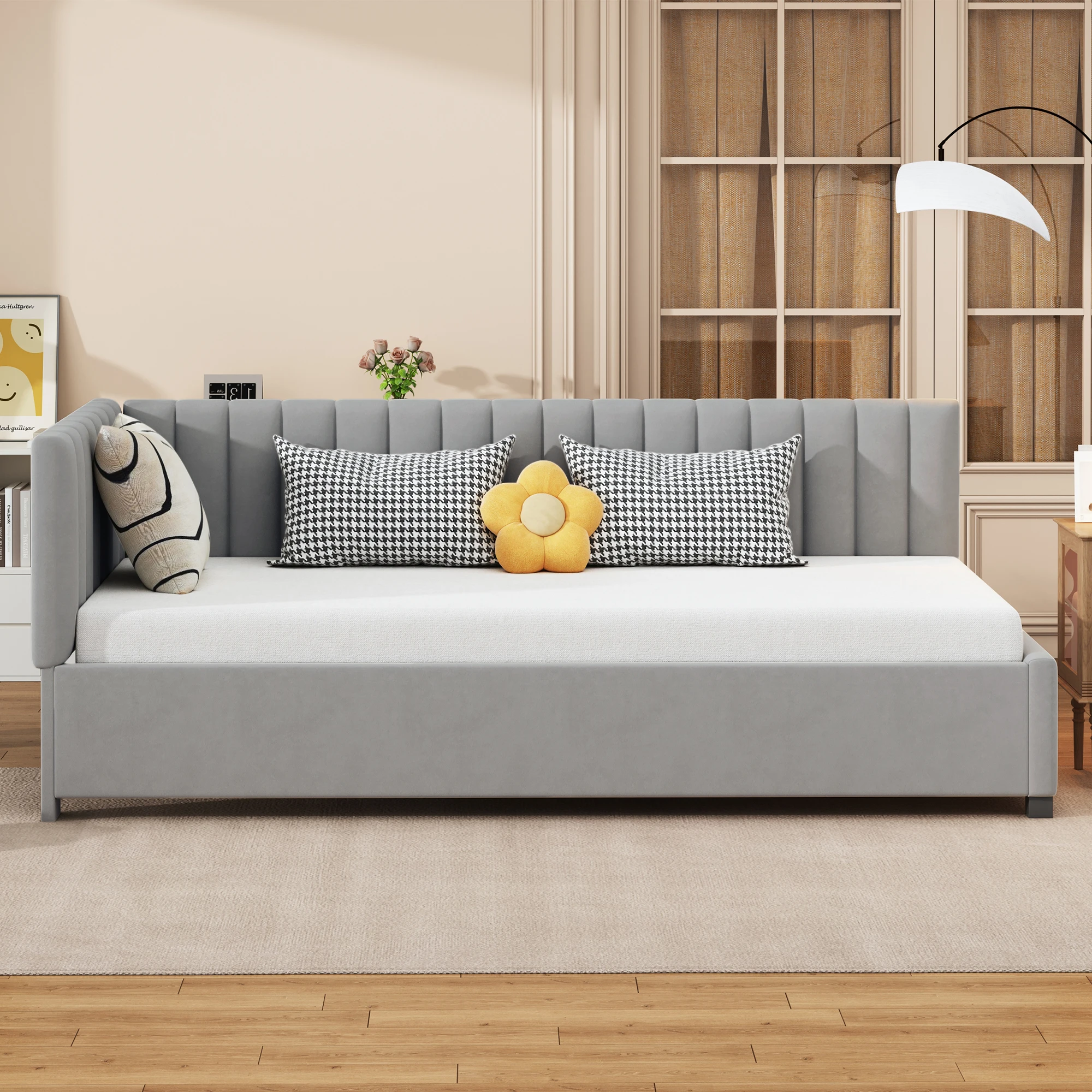 KOMHTOM Multifunktions Polsterbett Sofabett 90x200 cm aus hautfreundlichem Samtstoff mit Lattenrost