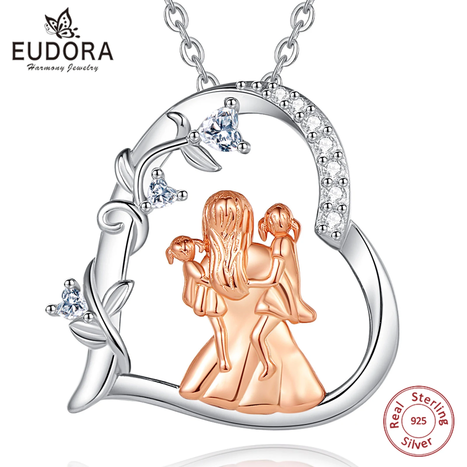 Eudora Halskette für Mutter und Tochter aus 925er-Sterlingsilber, feiner Mutter-Kind-Familien-Herz-Anhänger, trendiger Schmuck, Muttertagsgeschenk Image