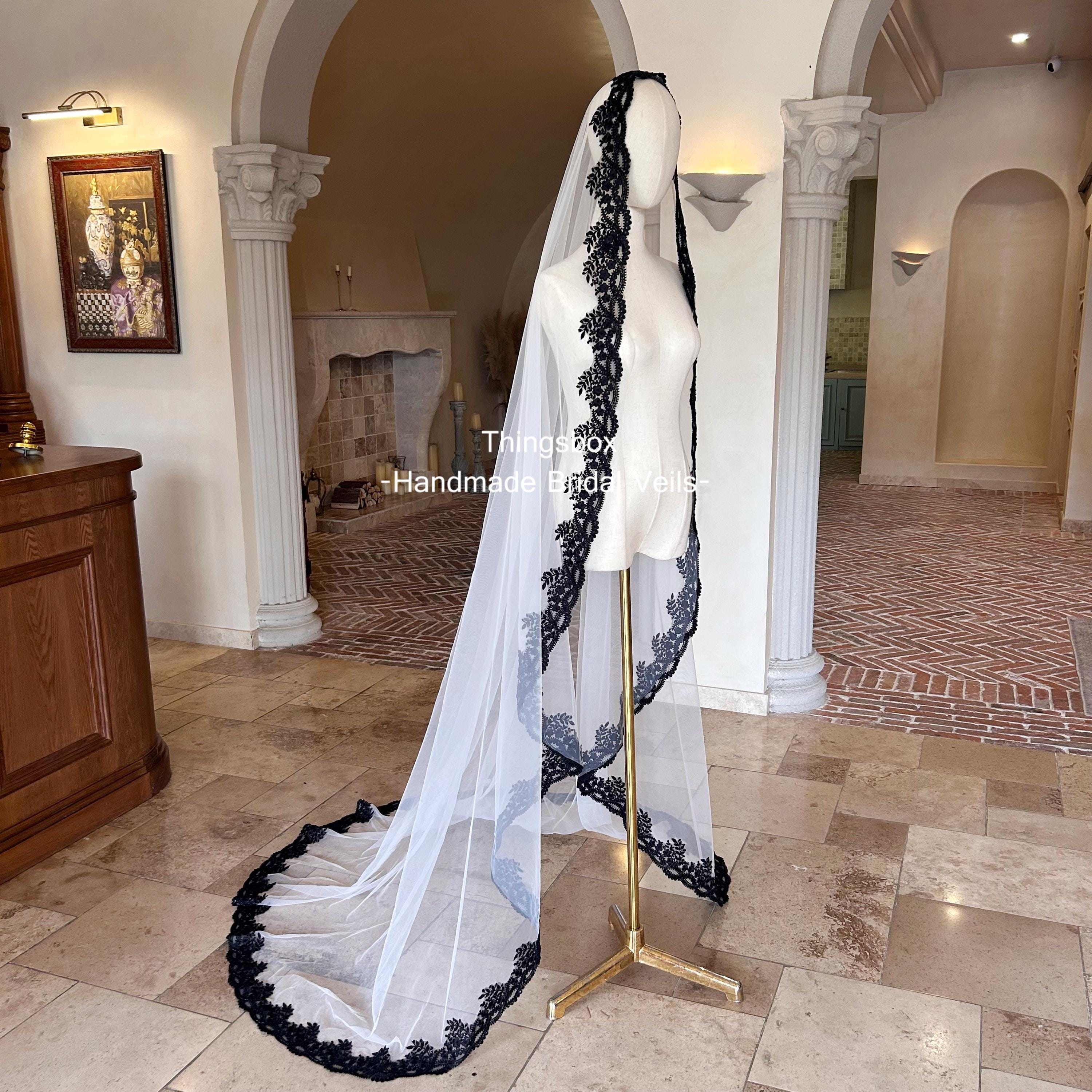 Velo da sposa con bordo in pizzo con perline nere, velo da sposa in pizzo mantiglia, velo in pizzo chantilly, velo da sposa in chiesa, velo con bordo
