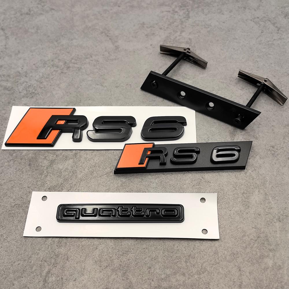 Set di 3 emblemi RS6 arancioni e neri lucidi: stemma RS6 posteriore, griglia anteriore, logo RS6, emblema posteriore Quattro, set Audi RS6 Custom Blac