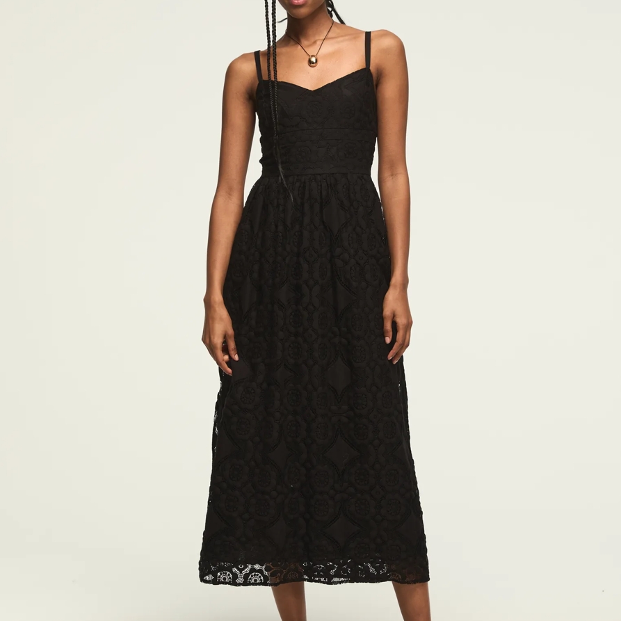 Lucky Brand Drop Waist Ballet Midi Dress - Women's Clothing Dresses Shirt Midi Dress in #001 Black, Size L