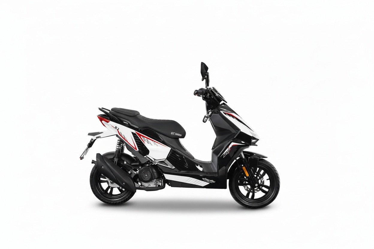 Motorroller GT UNION "Matador A7, 50 ccm, 25 km/h", racing, weiß, schwarz, Motorroller, ohne Topcase, 25 km/h, B:74,4cm H:110cm L:190,7cm