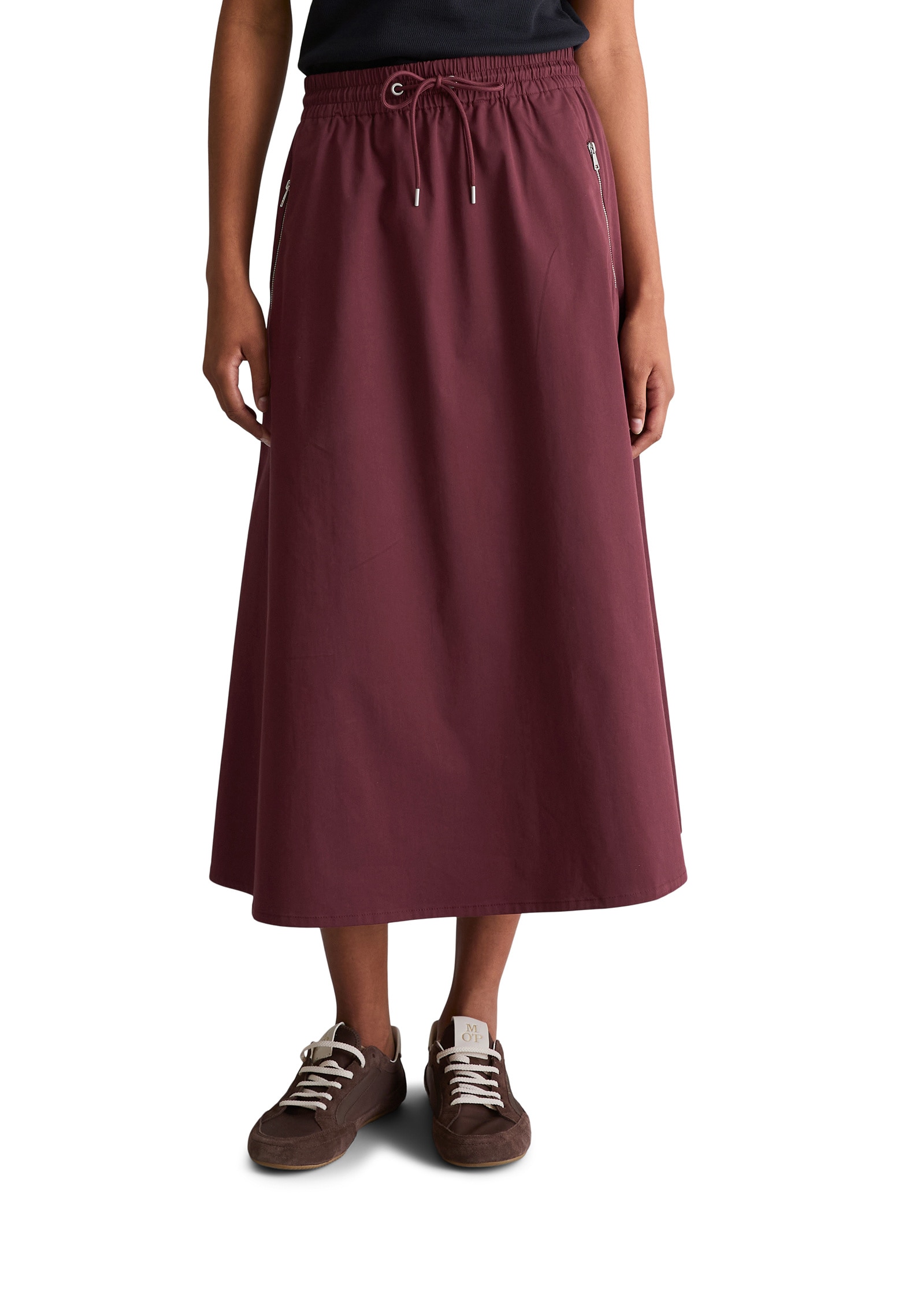 Webrock MARC O'POLO DENIM "aus Organic-Cotton-Mix-Stretch", Damen, Gr. XS, merlot rot, Obermaterial: 68% Baumwolle, 27% Polyester, 5% Elasthan, unifarben, ausgestellt wadenlang, Röcke Image