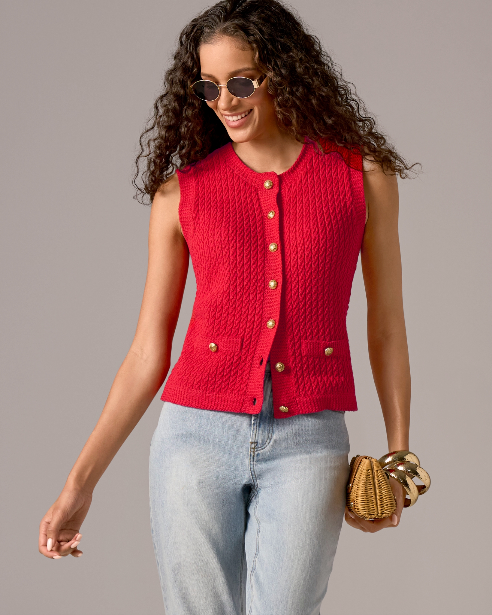 Boston Proper - Tomato Red - Sleeveless Textured Knit Button Front Sweater - XL
