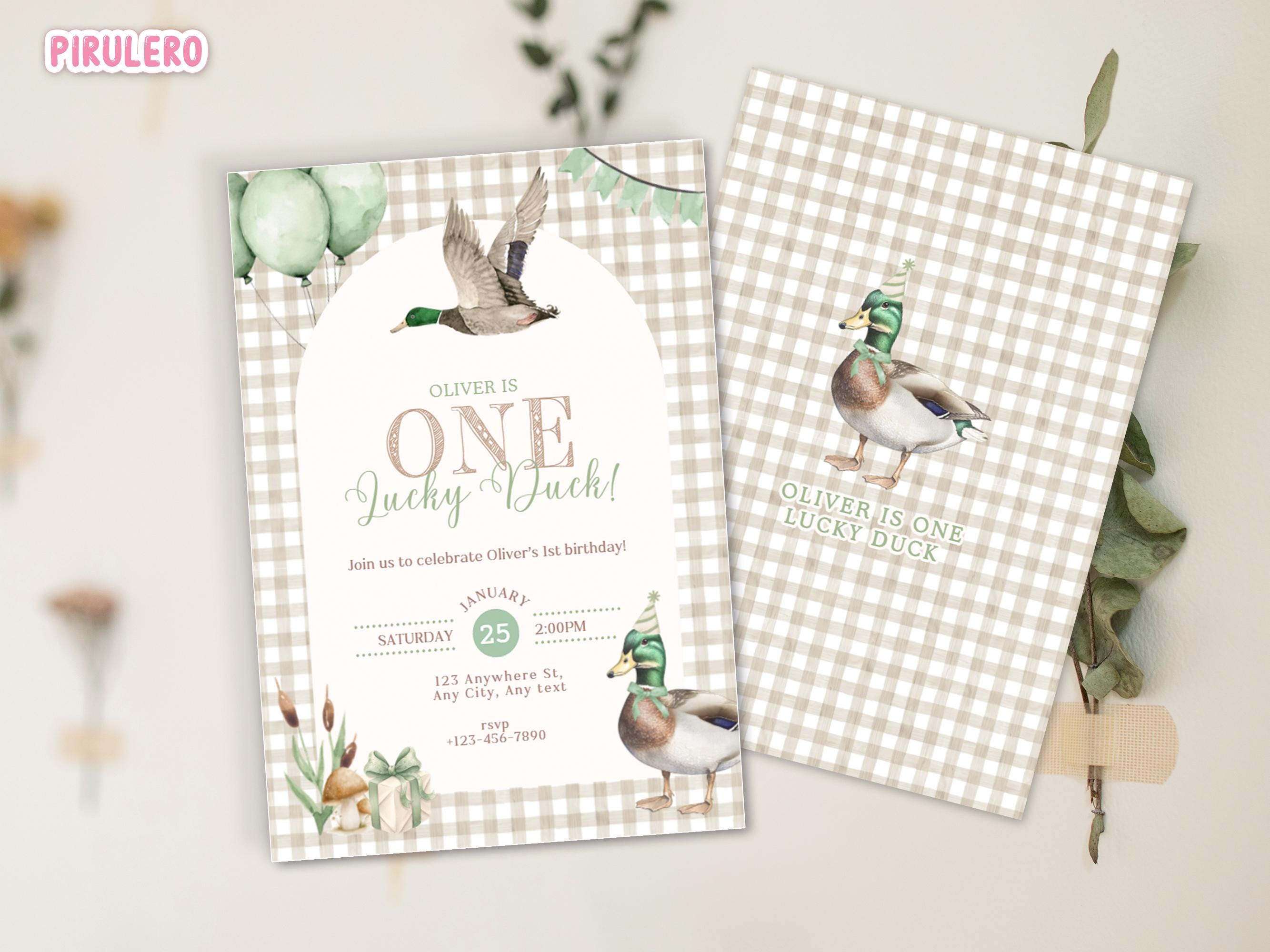 "Invito di compleanno \"One Lucky Duck\", invito per il primo compleanno di un bambino, modello Canva per invito a una festa di primo compleanno con moti"