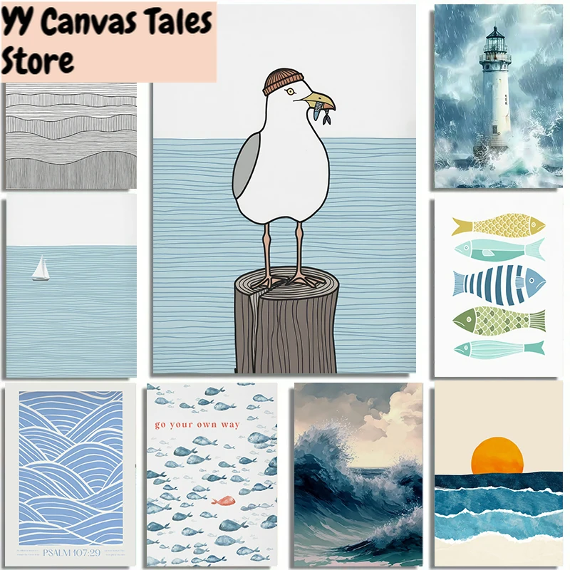 1 Stück rahmenlose Leinwandmalerei, ästhetische Küsten-Leinwand-Wandkunst, Fisch, Vogel, Strand, Meer, Heimdekoration, moderner Wellendruck, minimalistisch