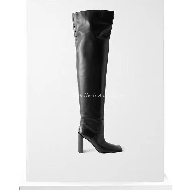 Schwarze, quadratische Zehen-Leder-Oberschenkelhohe Stiefel mit klobigem Absatz, 2025, luxuriöse Designer-High-Heels für Damen, weicher Overknee-Stiefel, Freizeitschuhe