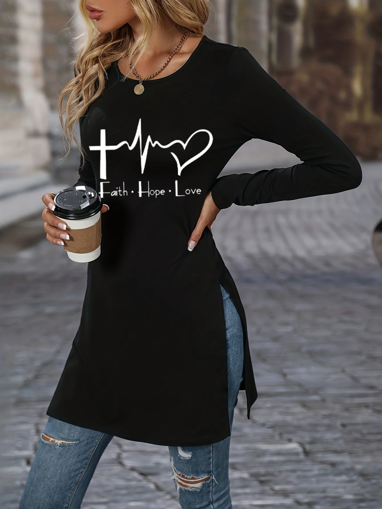 Frühling und Herbst Europa und USA Neue Langärmlige Schlanke Bedruckte Bluse mit Schlitz in Langer Ausführung Image