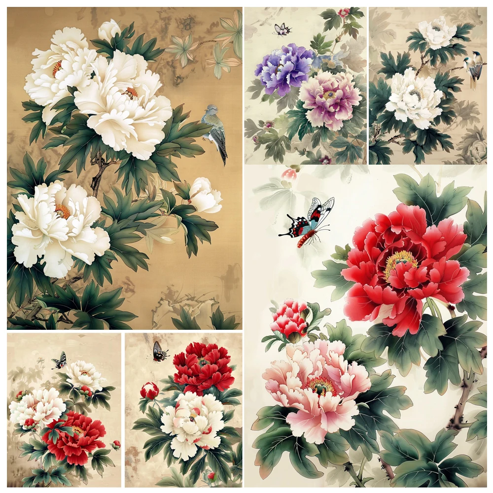 1 Stück Blumen Vintage Pfingstrosen Landschafts-Leinwandgemälde Leinwandkunst Heimdekoration Geschenk Image