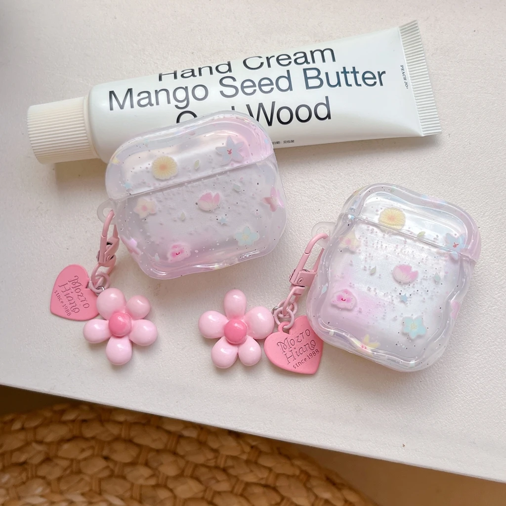 Mädchenhafter Rosa Blumen-Farbverlauf Spritzer-Tinte mit Anhänger Stoßfeste Kopfhörer-Schutzhülle für AirPods 1 oder 2 3 4 Pro 2 Pro 3 Image