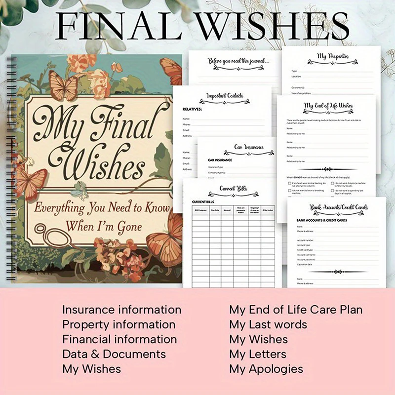 Neues Notizbuch zur End-of-Life-Planung zum Vorbereiten der letzten Angelegenheiten, Informationen über die Erben, Bestattungsplanung, letzte Wünsche Image