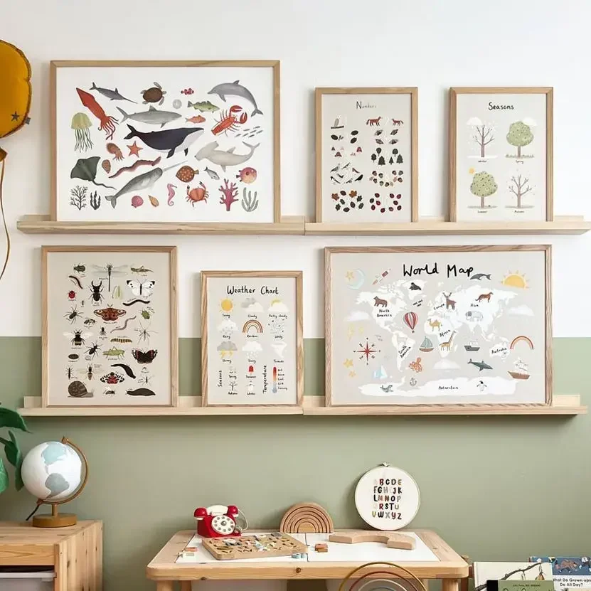 Wald Alphabet Mathematik Jahreszeiten Formen Blatt Wettertabelle Fisch USA Weltkarte Poster Leinwanddrucke Wandbilder Kinderzimmer Dekor