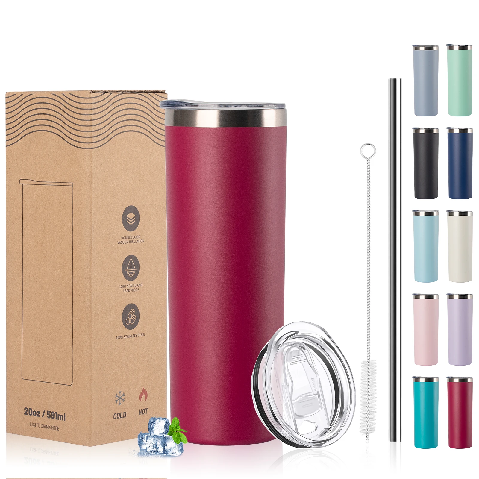 WATERSY 20oz Becher mit Strohhalm 590ml Edelstahl Isolierter Thermobecher Doppelwandiger Vakuum-Kaffeebecher Hält 12 Stunden Kalt Image