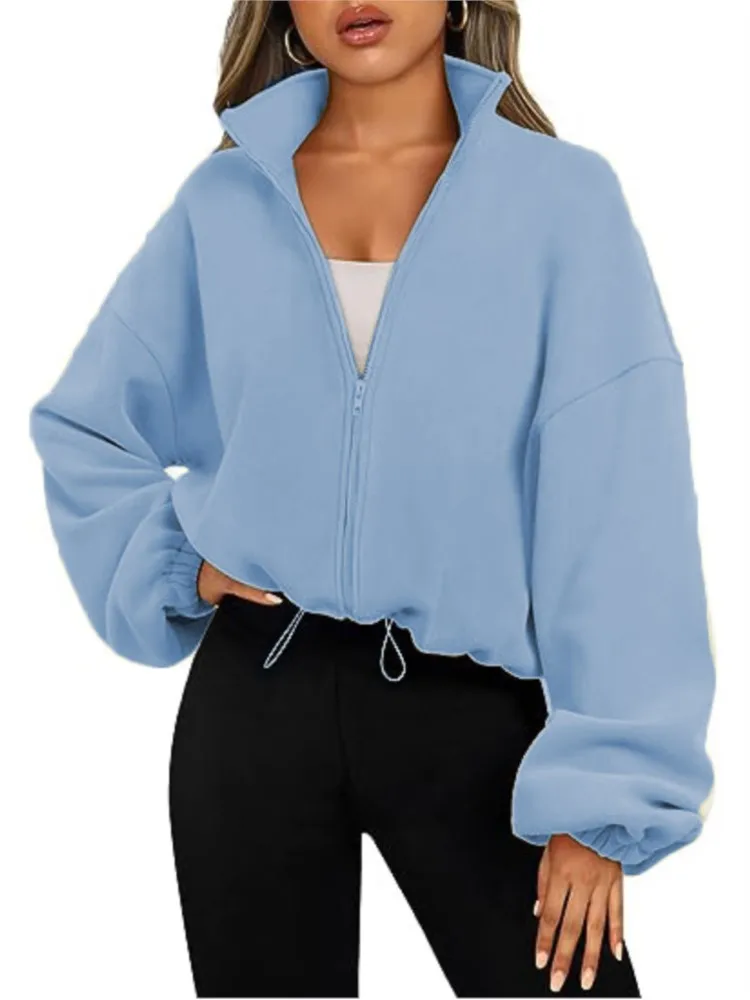 Sportlicher Damenmantel, mit Fleece gefüttert, lässig, locker, bauchfreies Oberteil, Reißverschluss, langärmelig, Fitness-Sweatshirt, warmer Mantel, Yoga-Sweatshirt Image