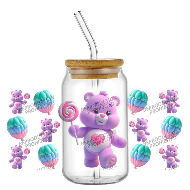 Bestseller Berühmter Niedlicher Cartoon Regenbogen-Bär 16oz UV DTF 3D Transfer Handy-Aufkleber Dekorfolien Glas Dosen Becher Kreatives Basteln DIY Image