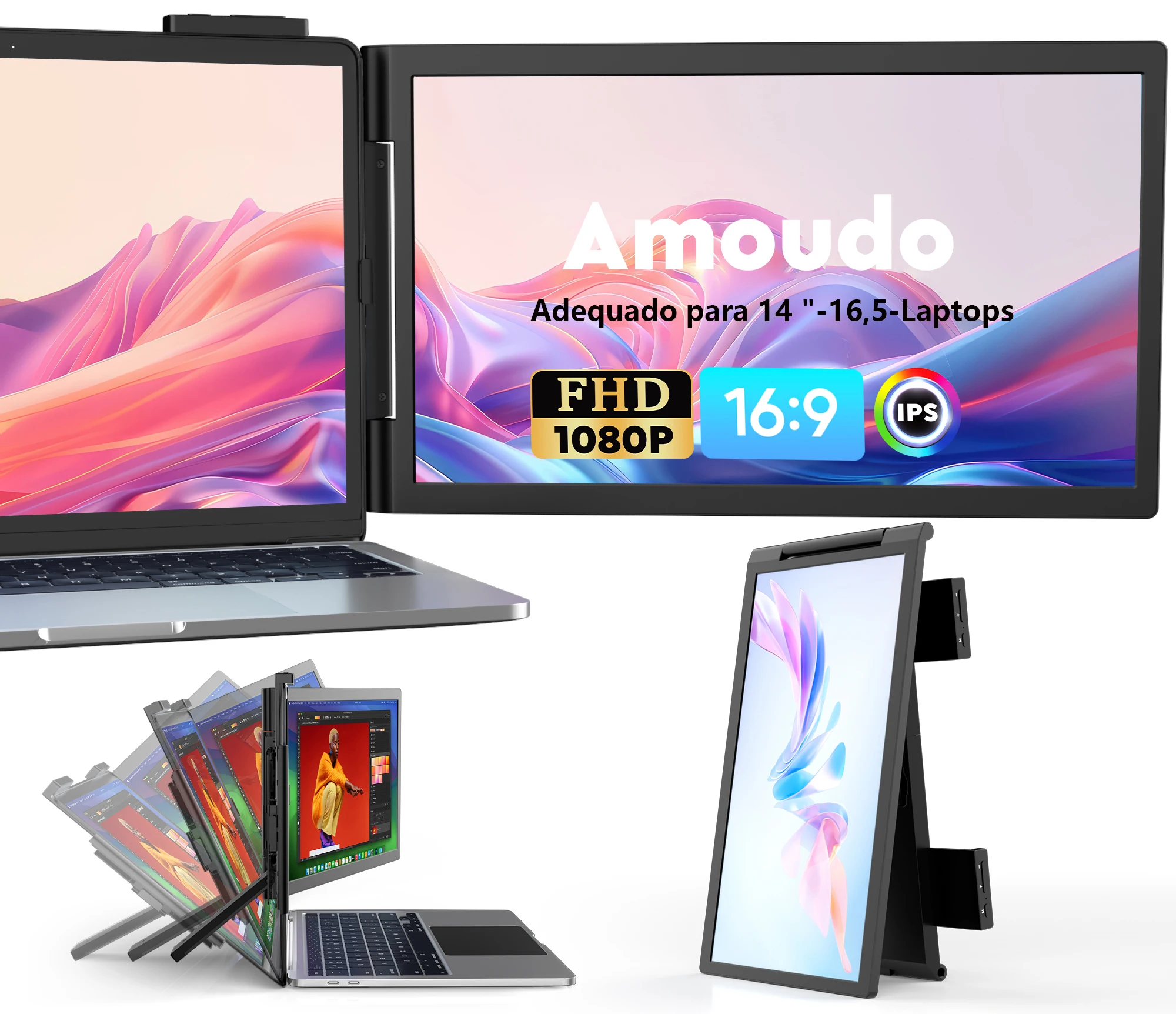 Amoudo Tragbarer Monitor 14 Zoll FHD 1080P IPS Bildschirm Laptop-Monitor-Erweiterung Zusatzbildschirm für Laptop Windows Mac Android Image