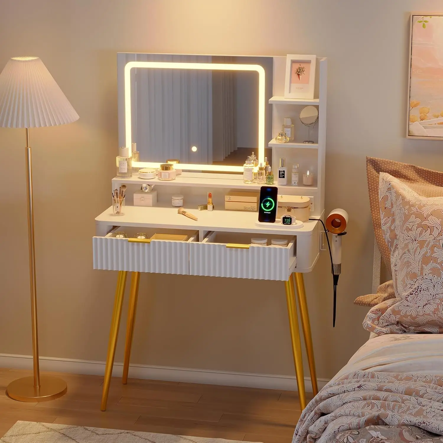 LED-Schminktisch mit Beleuchtetem Spiegel Kosmetiktisch mit 2 Schubladen 3-Farbige Beleuchtungsmodi für Schlafzimmer-Schminktisch Image