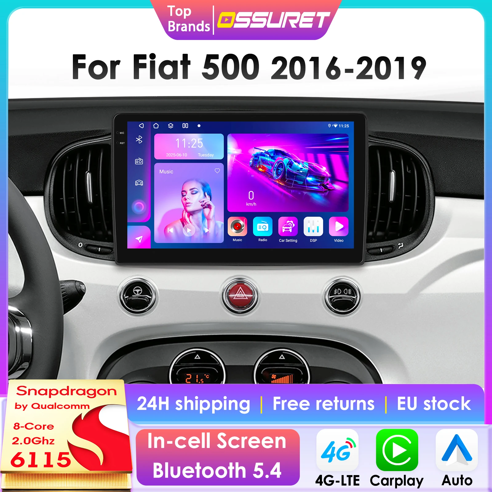 Kabelloses CarPlay Android Auto Autoradio für Fiat 500 2016 2017 2018 2019 GPS Intelligente Systeme Stereo Multimedia Autoradio 4G Image