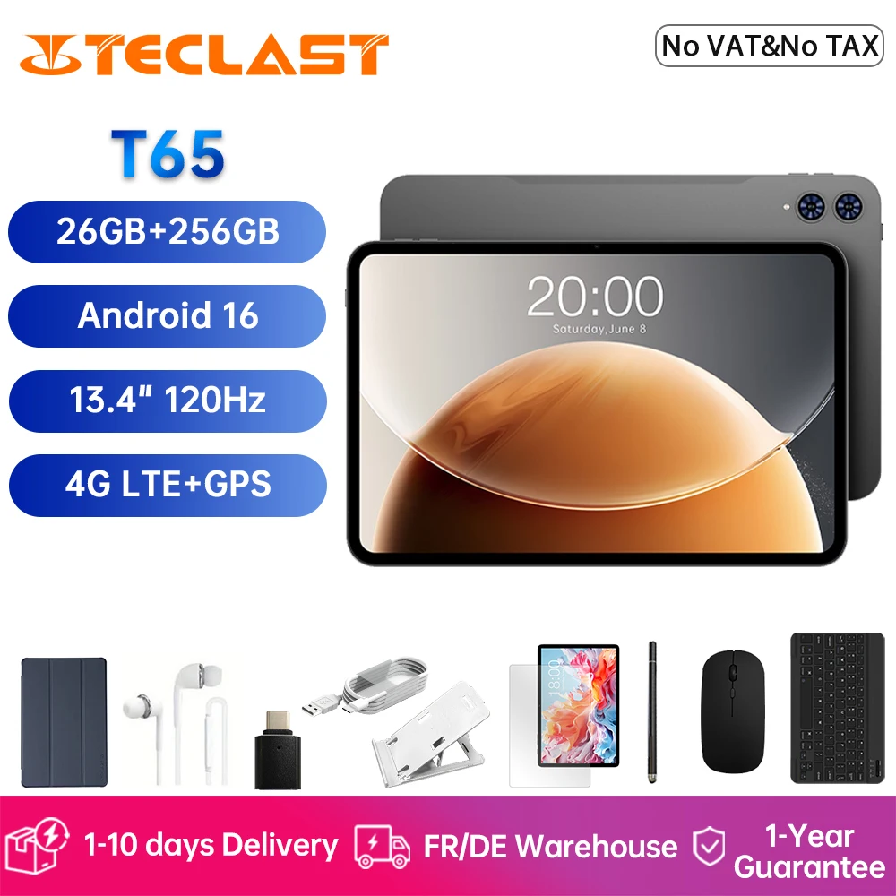 TECLAST T65 Tablet Android 16 13,4-Zoll 120Hz Display T7280 8-Kern-CPU 26GB RAM (6GB+20GB) 128GB ROM 4G LTE GPS 8000mAh Type-C Image