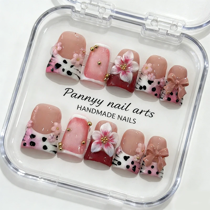 10 Stück Entenschnabel handgemachte Nägel lila Acryl 3D Blumen zum Aufdrücken von Nägeln Diamant Perle Leopardenmuster Design Französische falsche Nagelspitzen Image