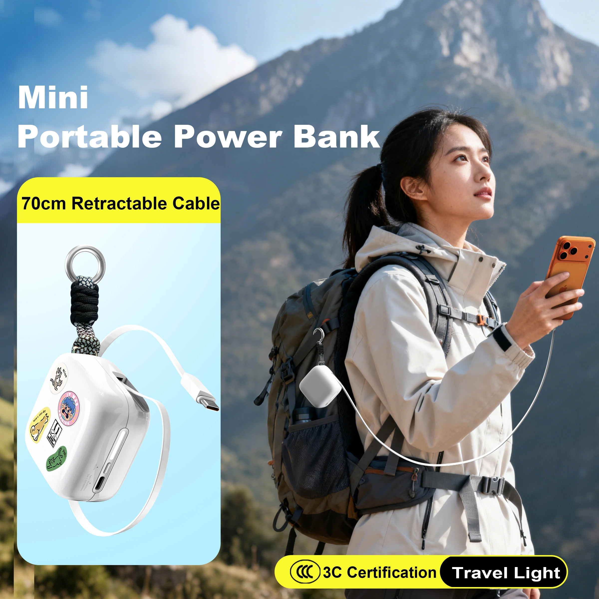 40 W Schnellladung, tragbar, 10.000 mAh, PowerBank, Galliumnitrid, mit 70 cm einziehbarem Typ-C-Kabel für iPhone 17 16 Xiaomi Huawei Image