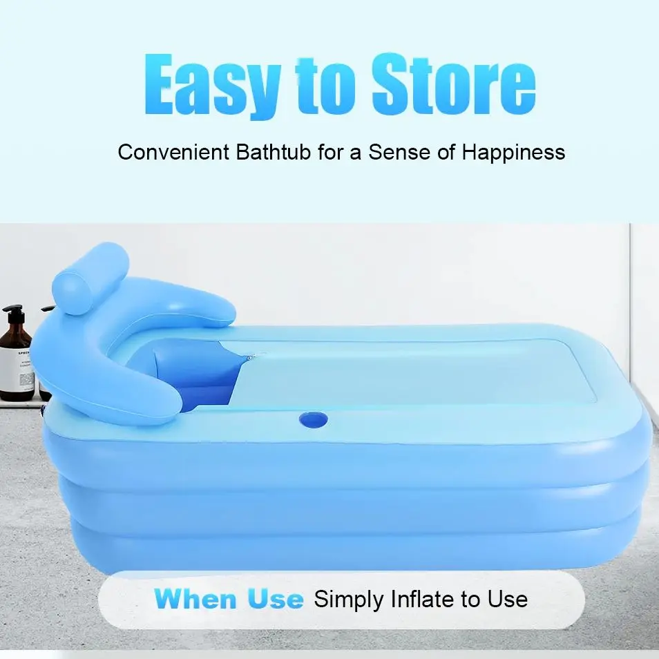 160 x 80 cm aufblasbare Badewanne, blau, faltbare aufblasbare Badewanne, tragbare aufblasbare PVC-Badewanne mit Rohr und Sitzkissen für Bäder