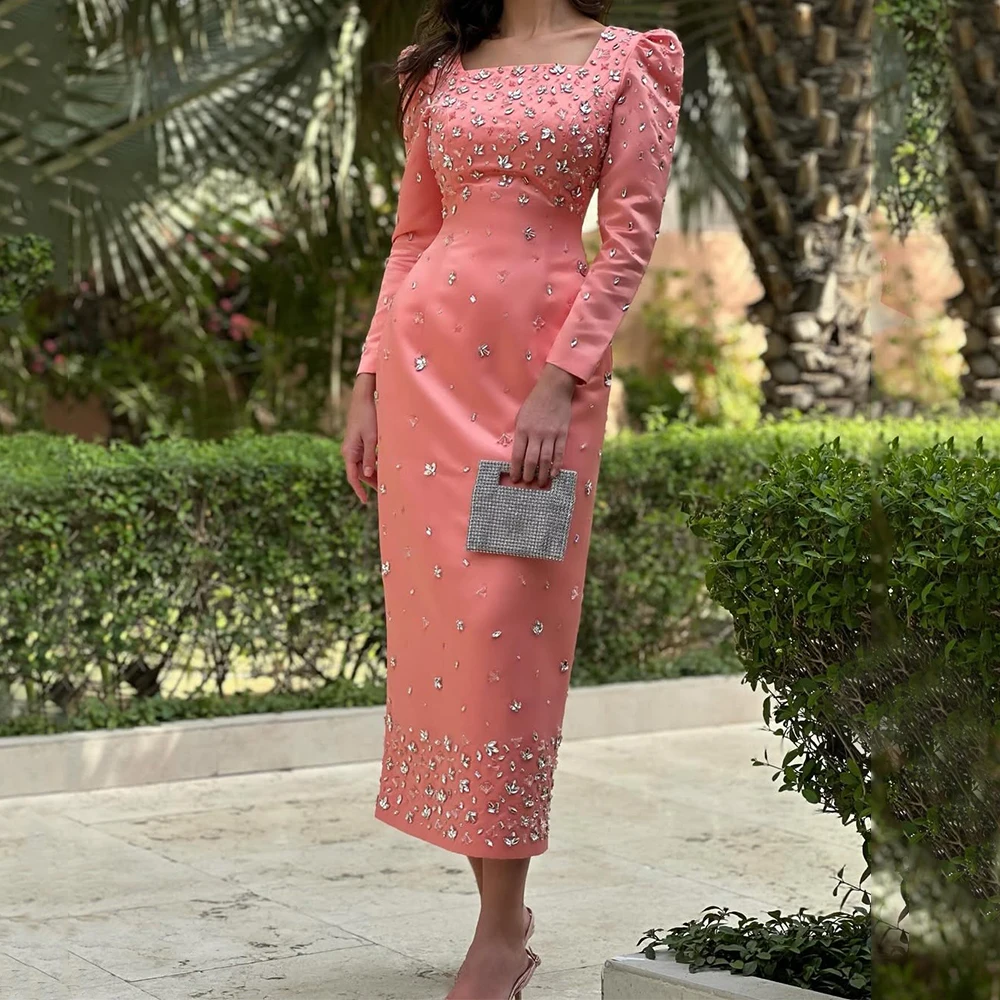Luxuriöses Abendkleid mit Perlen und Kristallen, quadratischer Kragen, lange Ärmel, maßgeschneidert, knöchellang, Satin, Damen-Hochzeits-Party-Kleider Image
