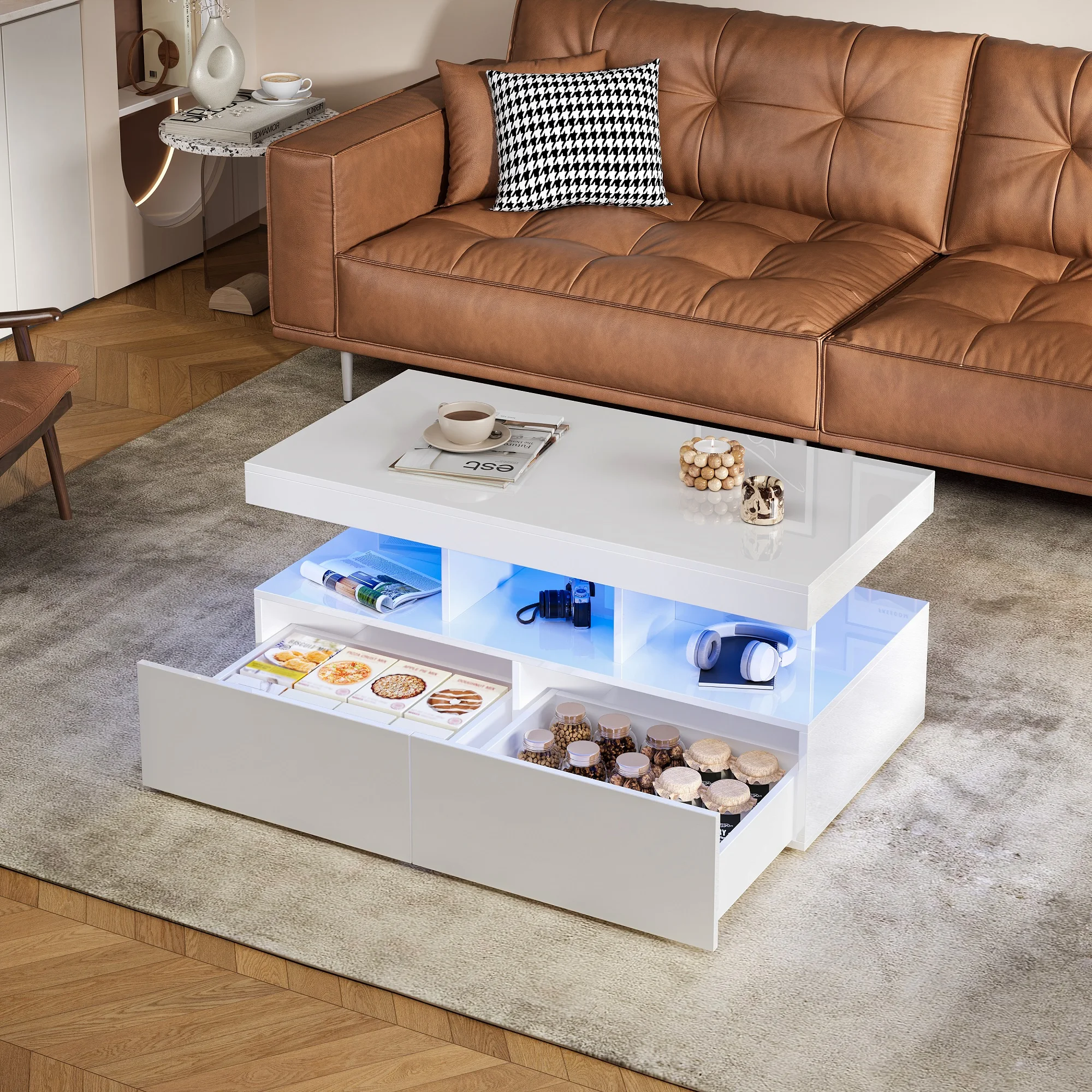 Rosahqnda Couchtisch mit LED-Beleuchtung und 2 Schubladen, verstellbare LED-Beleuchtung, Hochglanz-Couchtisch für das Wohnzimmer, 104 x 53 x 46 cm