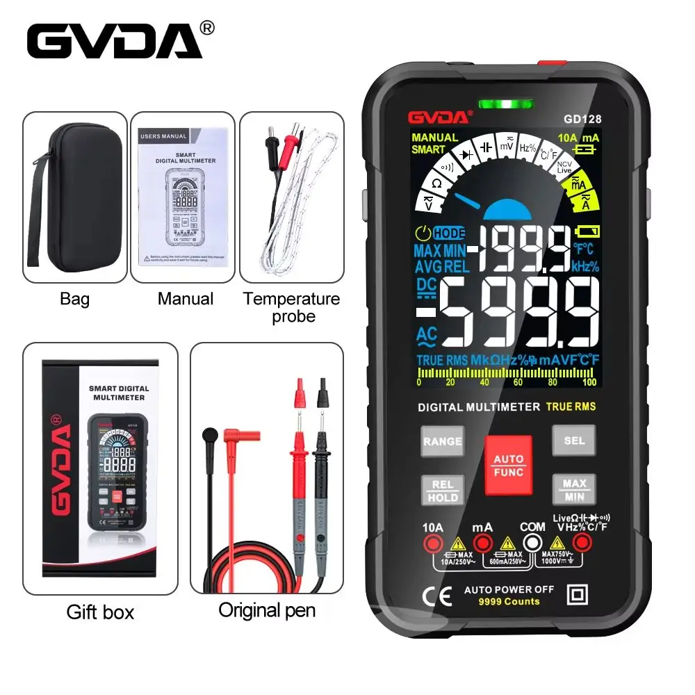 GVDA 9999 Zählungen Digital-Multimeter mit Auto-Range-Funktion 1000V 10A Tester Messgerät Ohm Hz Kapazität True RMS AC DC DMM Smart Multitester Image