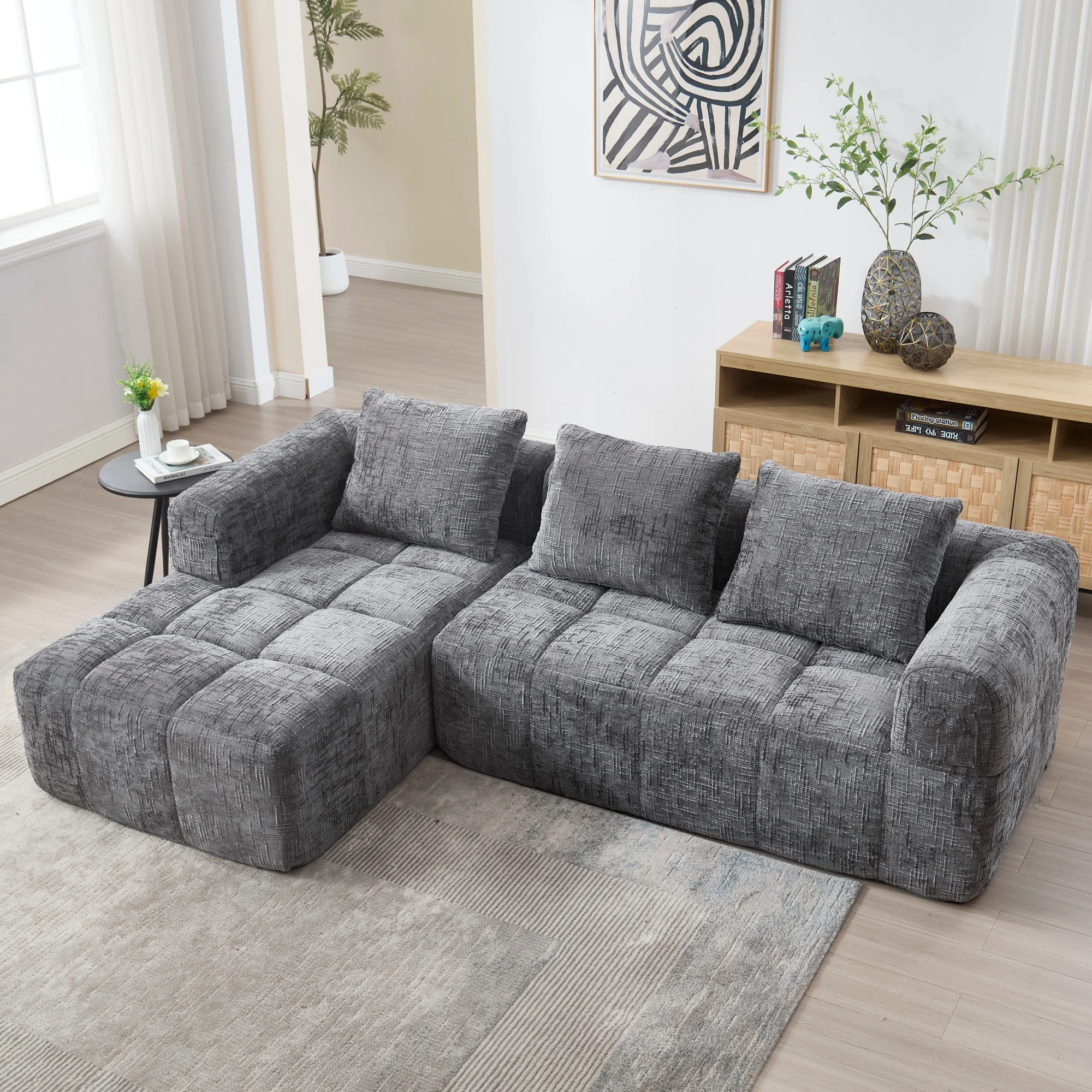 L-Sofa,Ecksofa，Sektionssofa，Modernes Sofa，Chenille-Sofa mit Armlehnen & 3 Kissen