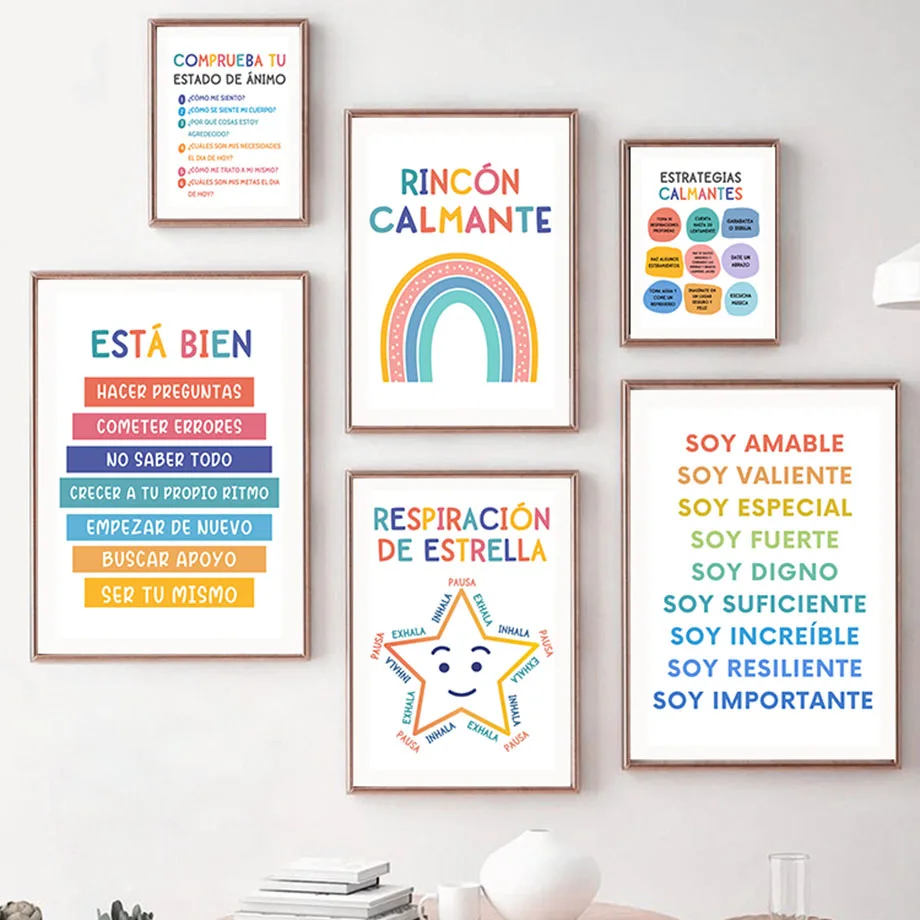 Spanisch ruhige Ecke Poster Zeichen pädagogische Homeschool Kunst Leinwand Malerei Wandbilder für beruhigende Klassenzimmer Dekor ästhetische