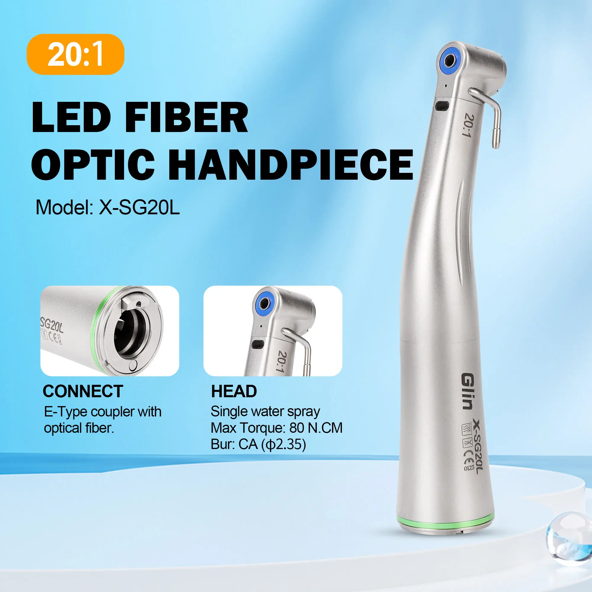Zahnmedizinisches Gerades Kontrawinkelstück 20:1 mit Glasfaser, Niedrig- und Hochgeschwindigkeits-Dentalhandstück XSG20L für Zahnimplantate Image
