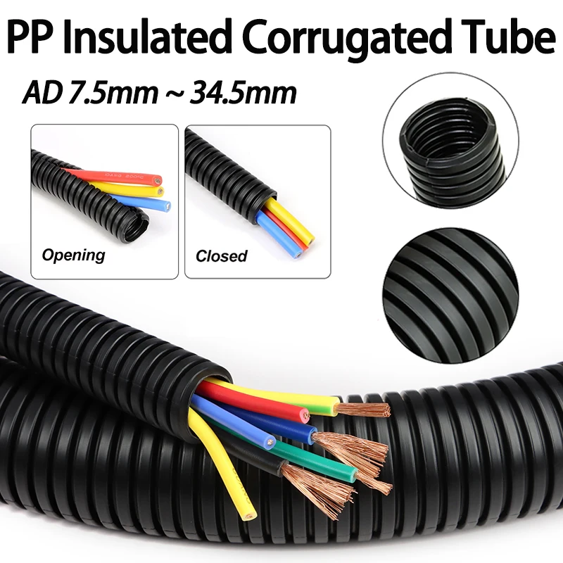 3/5/10m Schwarze PP Isolierte Wellrohr-Hülle AD 7,5/10/11,6/13/28,5/34,5mm Kabelschutz-Split-Loom-Hülle Image