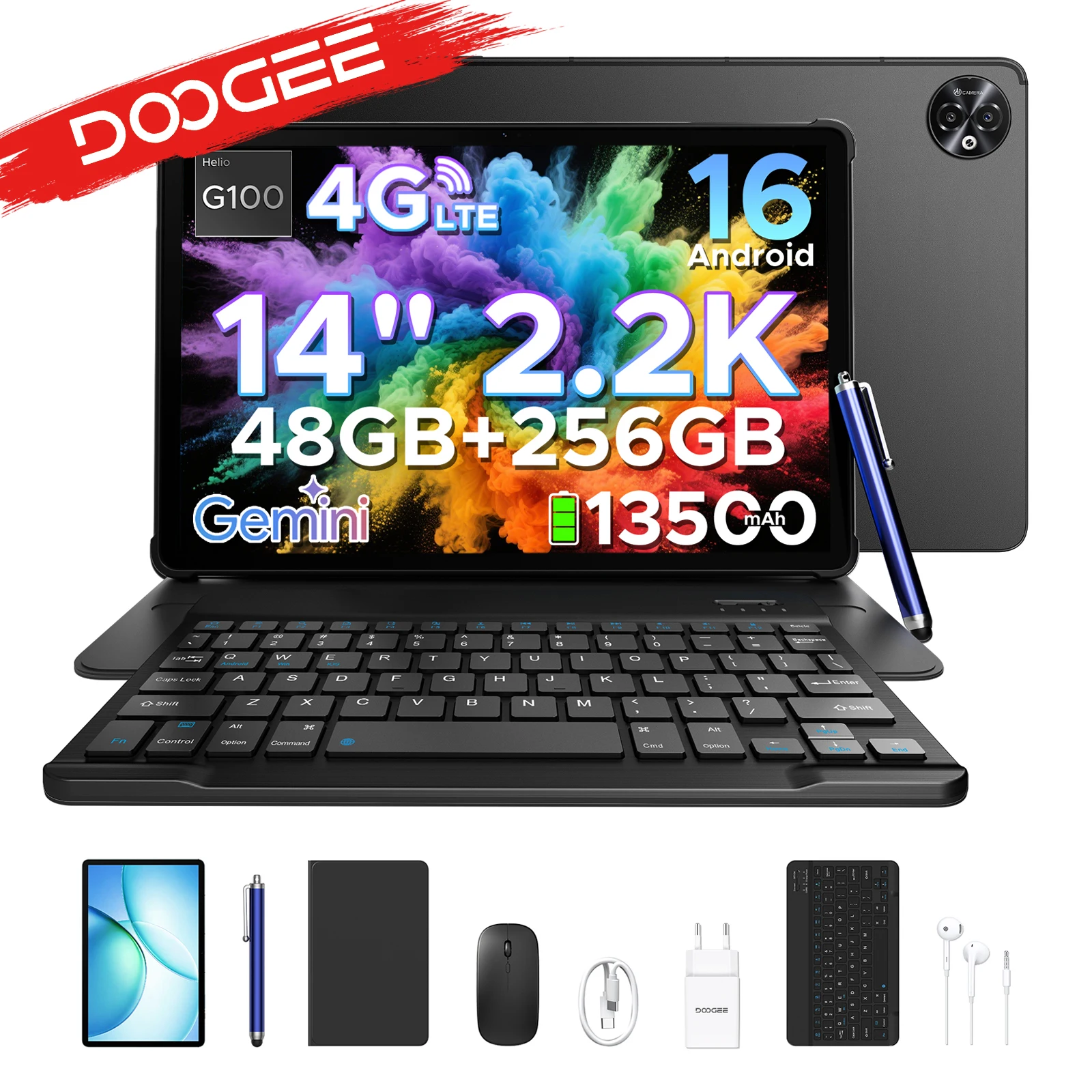 DOOGEE Tablet-PC 2-in-1 Tab E3 Max Gmini AI 14-Zoll-Bildschirm 2.2K Akku 16.480 mAh Android 16 48GB (8 + 40) 256 GB Helio G100 AI Tablet Image
