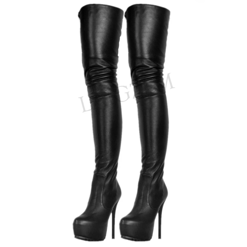LAIGZEM Frauen Oberschenkel Hohe Stiefel Kunstleder Stiletto Heels Stiefel Lange Zipper Gabelung Party Schuhe Botines Mujer Große Größe 41 45 52
