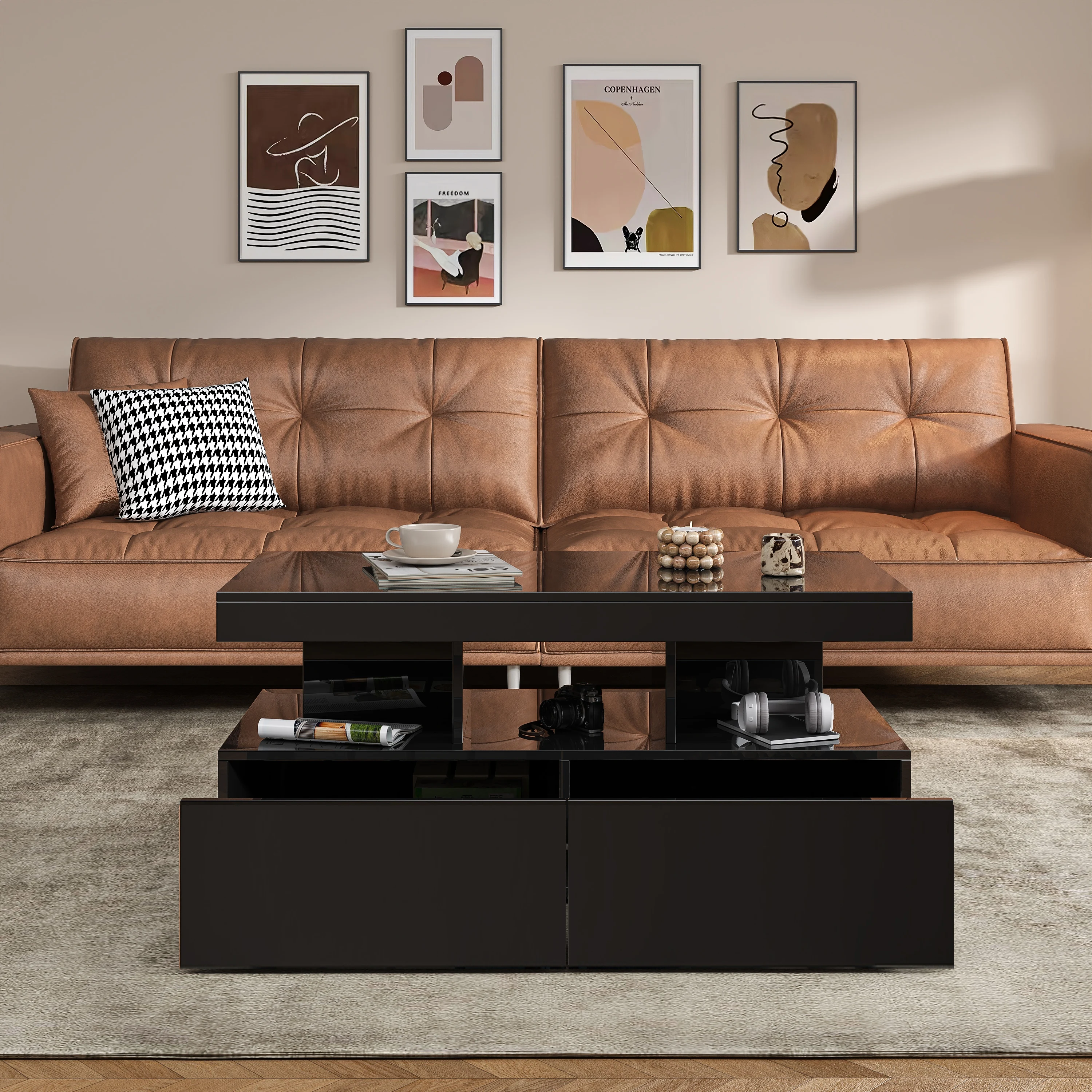 Rosahqnda Couchtisch, höhenverstellbarer Tisch, Hochglanz mit Hebeplatte, Couchtisch mit 16-Farben-LED, modern und mit Schubladen Image