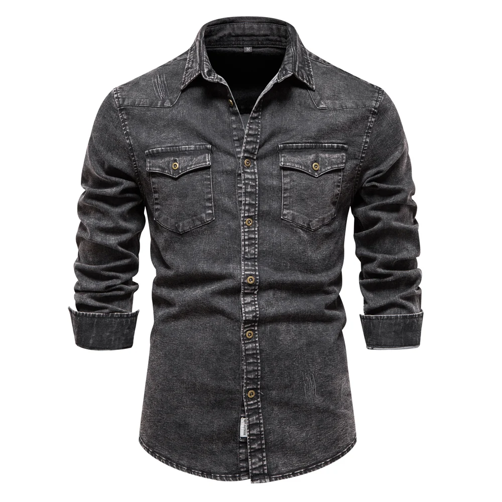 Camicie in Denim da uomo in cotone AIOPESON camicie da Cowboy maschili Casual in tinta unita con doppia tasca nuove camicie autunnali di qualità sottile per uomo