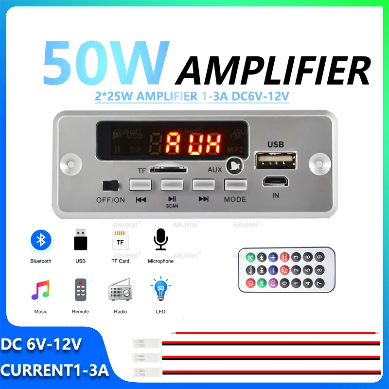 2x25W Audio-Verstärkerplatine DC6V-12V 1-3A Mini-Stereo-Verstärker mit Fernbedienung, Netzkabel, Lautsprecherkabel, silberfarbenes Kunststoffgehäuse Image
