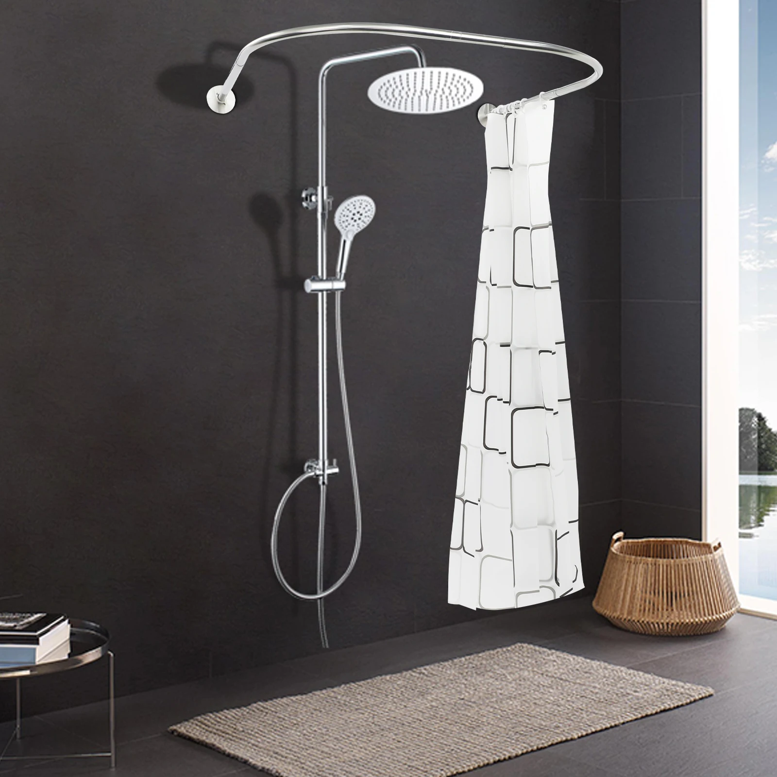 0,9-1,3m Ausziehbare Duschvorhangstange, Edelstahl-Duschvorhangstange und Badezimmer-Duschvorhangstange