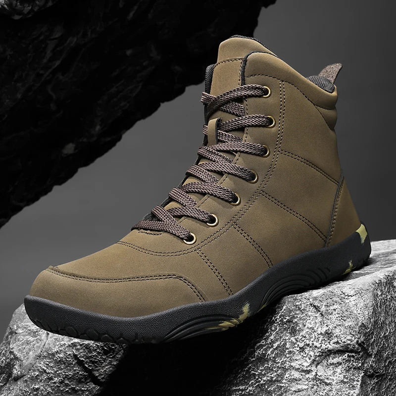 Outdoor Barfuß-Wanderstiefel für Herren mit breiter Zehenbox, minimalistische Leder-Knöchelstiefel, Zero-Sole-Winter-Freizeitschuhe für Paare Image